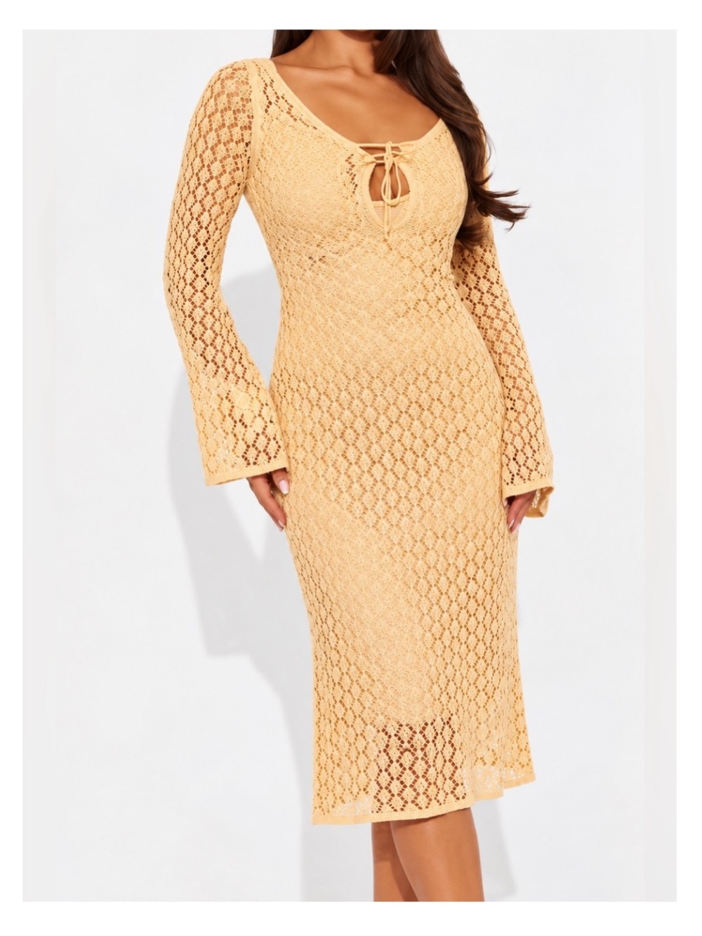 NWT HYFVE Crochet Midi Dress/Coverup w/Bell Sleeves - Melon Orange